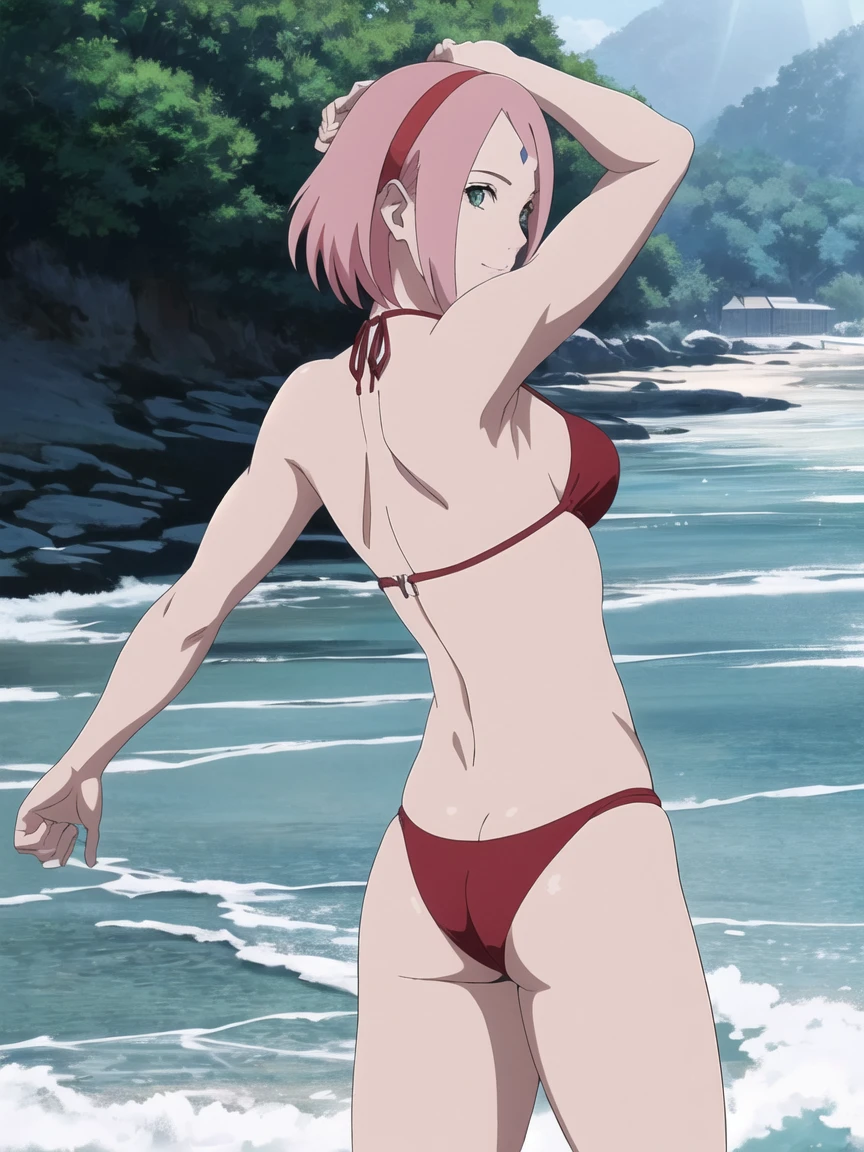 anime style, solo, 1 woman, super ultra details, very high resolution, perfect anatomy, ultra detailed face, high vibrance, (blue light), ((cold colors)), 1girl, haruno sakura, (tall, thin belly, off-shoulders, biceps, closed fists, pale skin, long belly, small breasts, forehead mark), ((red t-back bikini, red hair band)), looking at viewer, (beach, stretching, armpit line), floating hair, big smile, cowboy shot, (reddish pink hair, short hair), spring time((((sexy pose))))((((((35 years old sexy body))))),(((back view)))),((((showing ass))))