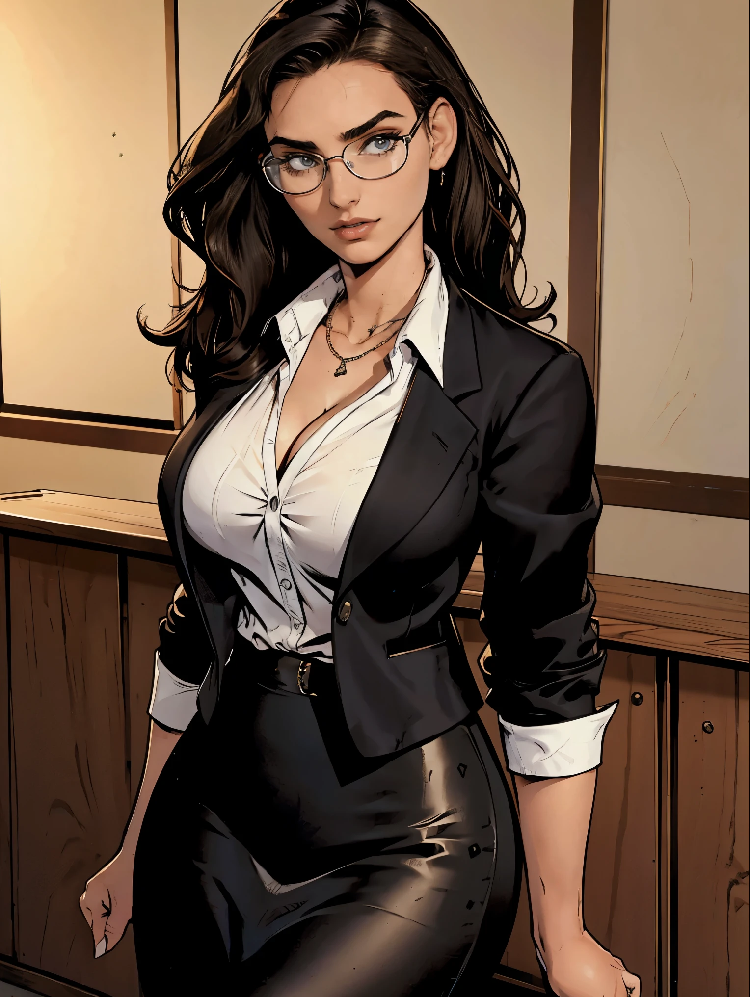 Gorgeous and sultry busty athletic (thin) brunette with sharp facial features wearing a black blazer, white blouse and black pencil skirt, glasses. Cleavage.