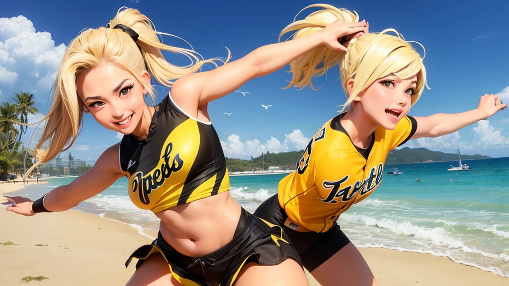 A beautiful female warrior is playing baseball vigorously on the beach with big waves.。Sexy smile、Blonde ponytail、Hanshin Tigers uniform