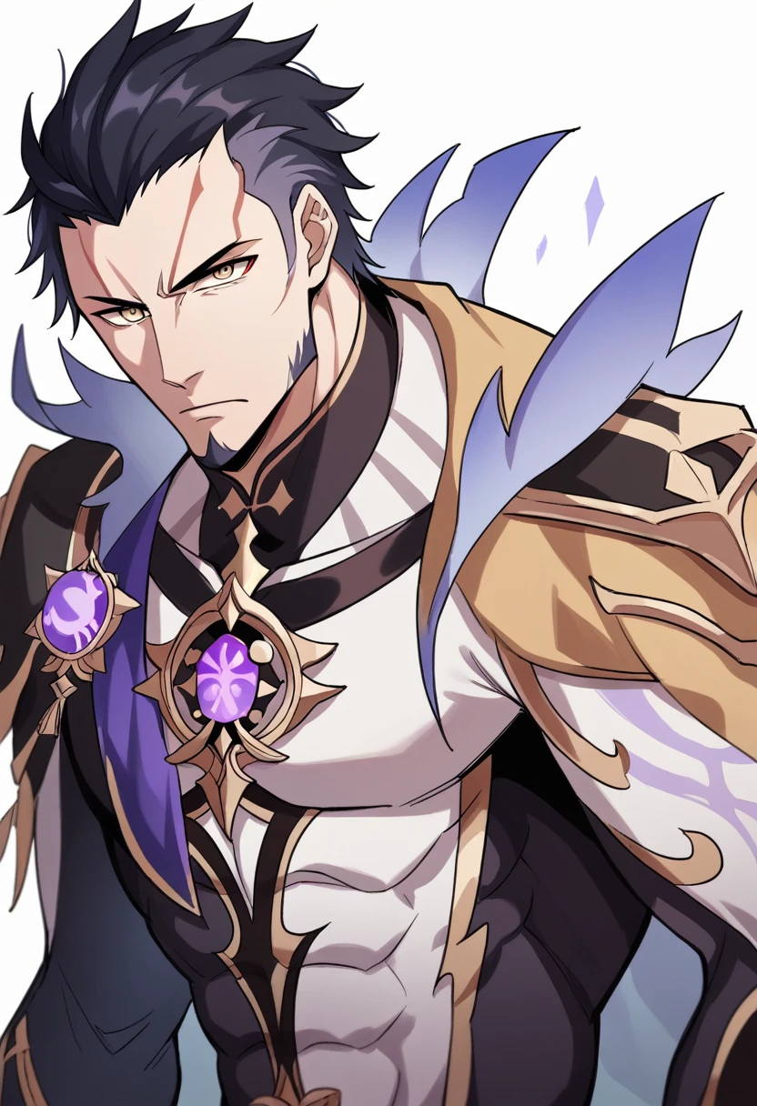 Simple white background, Genshin Impact muscular male character, unique character, serious appearance, black suite, short, wavy and black hair, slicked back, goatee, visual novel, detailed black armor, high quality, cinematic, dramatic pose, intricate details, vibrant colors, masterpiece, Genshin Impact, purple jewel on a golden coat of arms