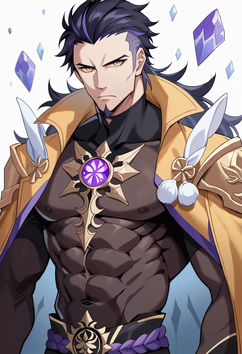 Simple white background, Genshin Impact muscular male character, unique character, serious appearance, black suite, short, wavy and black hair, slicked back, goatee, visual novel, detailed black armor, high quality, cinematic, dramatic pose, intricate details, vibrant colors, masterpiece, Genshin Impact, purple jewel on a golden coat of arms