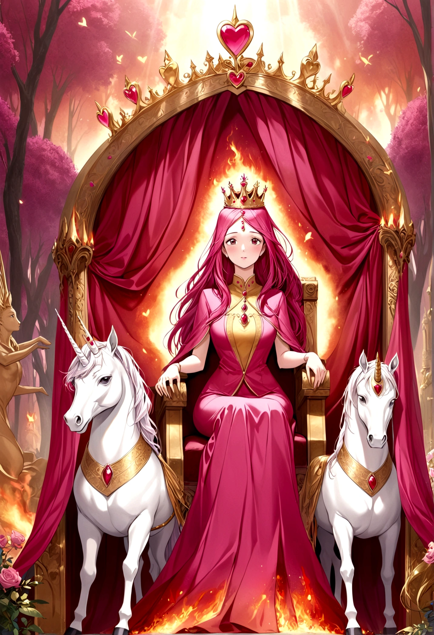 Queen of joy and love (dressed in pinks and deep reds, golden love themed crown), love themed throne, attended to by unicorns and fairies
