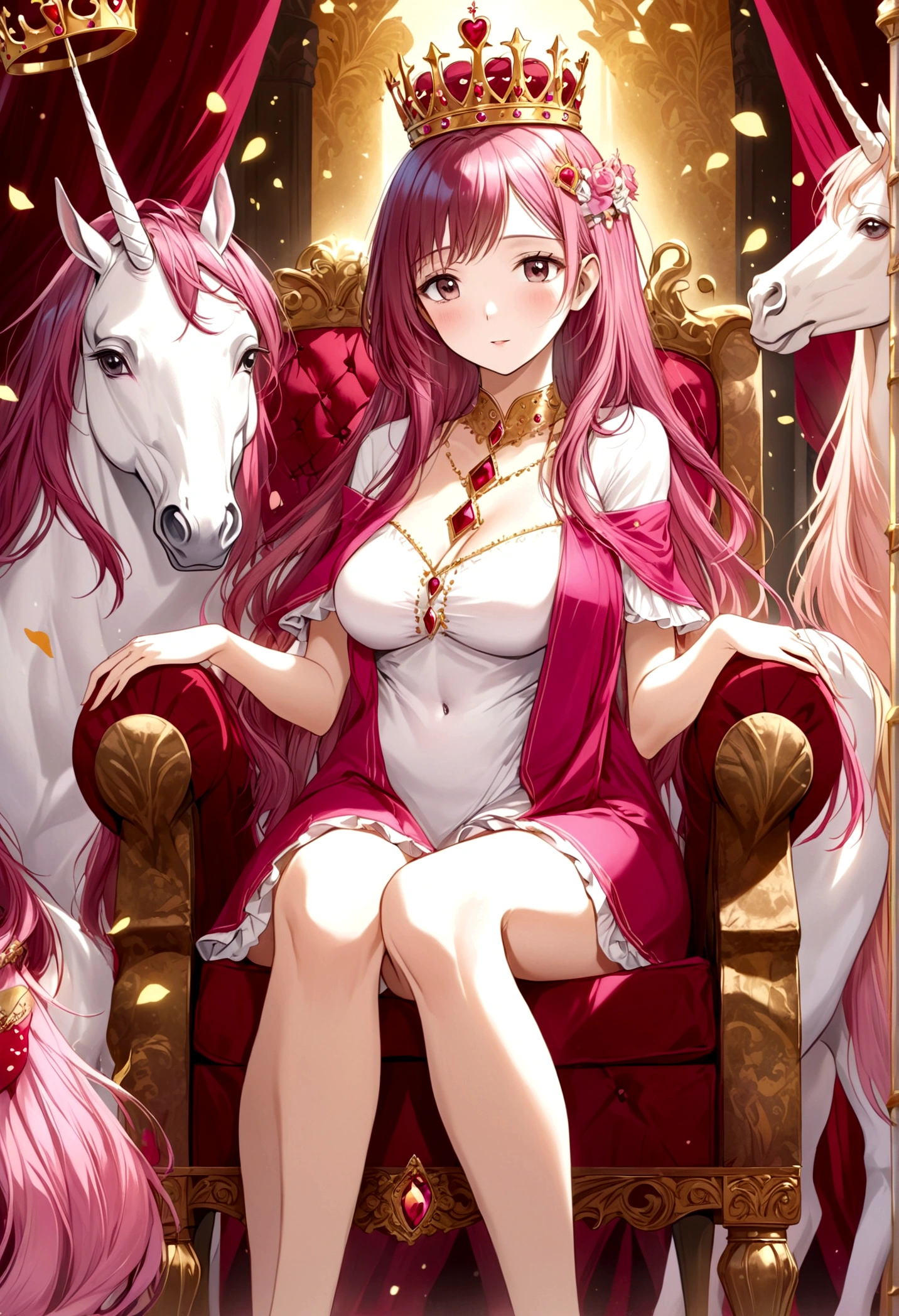 Queen of joy and love (dressed in pinks and deep reds, golden love themed crown), love themed throne, attended to by unicorns and fairies
