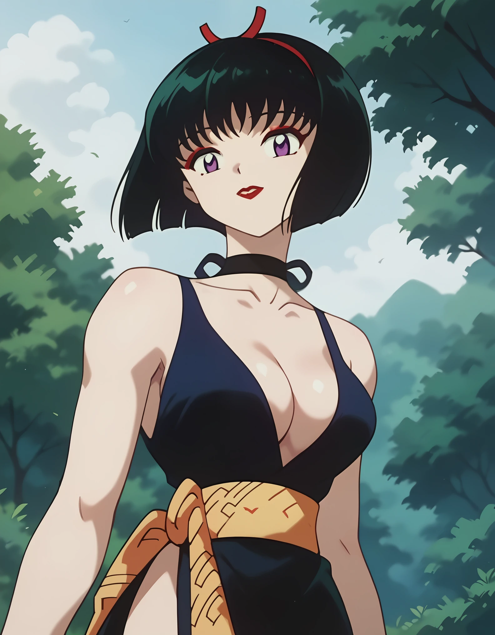 looking at viewer,smile,portrait,parted lips,
solo,
SakasagaminoYura,1girl,black hair,hair band,bob_cut,purple eyes,makeup,
choker,
cleavage,sleeveless,short kimono,
sash,
outdoors,