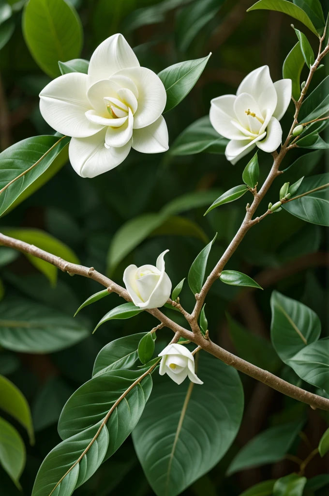 A long and thin branch of gardenia hangs in the air, There are two buds on the flower branch and two tender green leaves. The dewdrops are crystal clear. Ultra-high- definition visual effects and realism. The tender green background is blurred