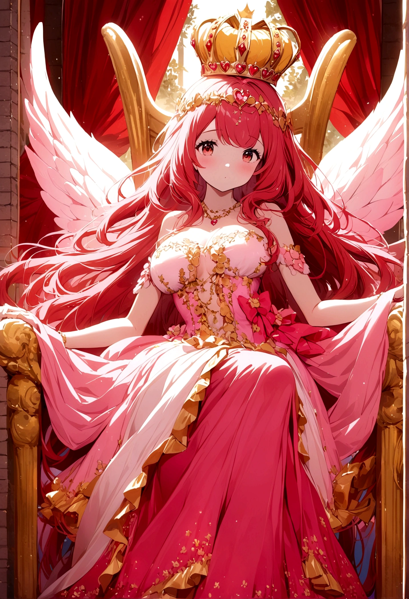 Queen of joy and love (dressed in pinks and deep reds, golden love themed crown), love themed throne, attended to by unicorns and fairies