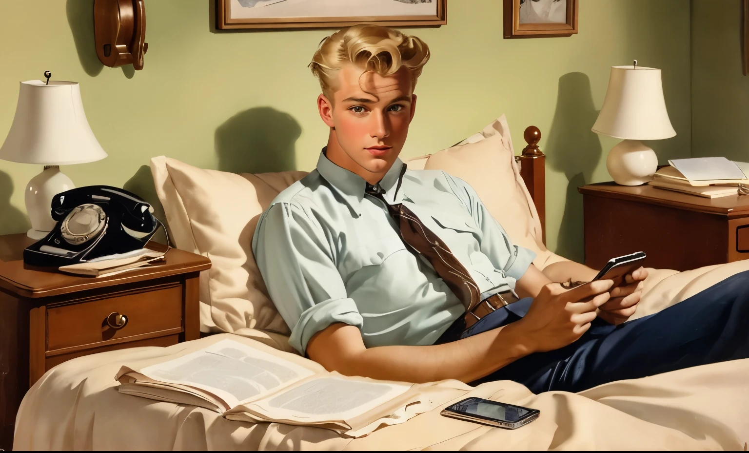 very handsome blond young man lying in bed with cell phone in hand looking at camera.. 1940s vintage, no arguments Elvgren man portraying vintage watercolor vintage inspiration, black, high contrast shading, naturalistic proportions, use of fabric, screens large, looking at the viewer, 1940s vintage,