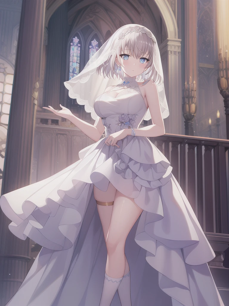 A girl,short hair, Bangs, White hair, Hair between the eyes, Purple Eyes:(1.5), (Large Breasts:1.2),
rest 锁骨, Wedding dress,veil,wedding,White dress,Flowers,Broken skirt,White socks,Tights,White knee socks,
looking at viewer, whole body,
indoors, church,Standing,Standing,
rest (masterpiece:1.2), best quality, high resolution, Unity 8k Wallpaper, (illustration:0.8), (Beautiful and delicate eyes:1.6), Extremely detailed face, Perfect lighting, Extremely detailed CG, (Perfect hands, Perfect anatomical structure),