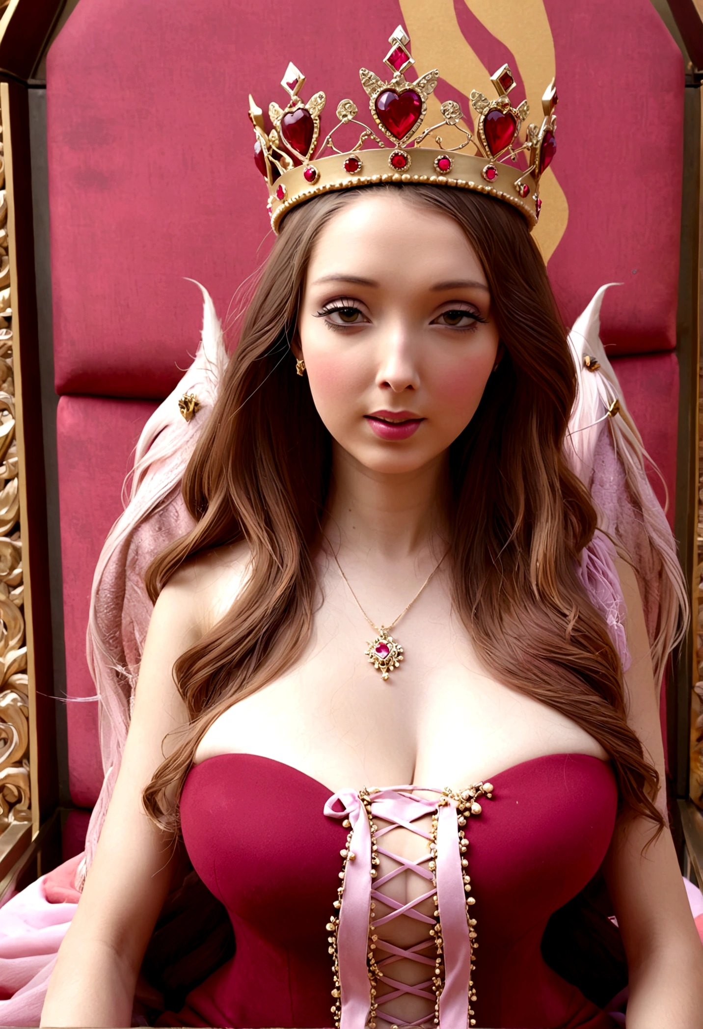 Queen of joy and love (dressed in pinks and deep reds, golden love themed crown), love themed throne, attended to by unicorns and fairies