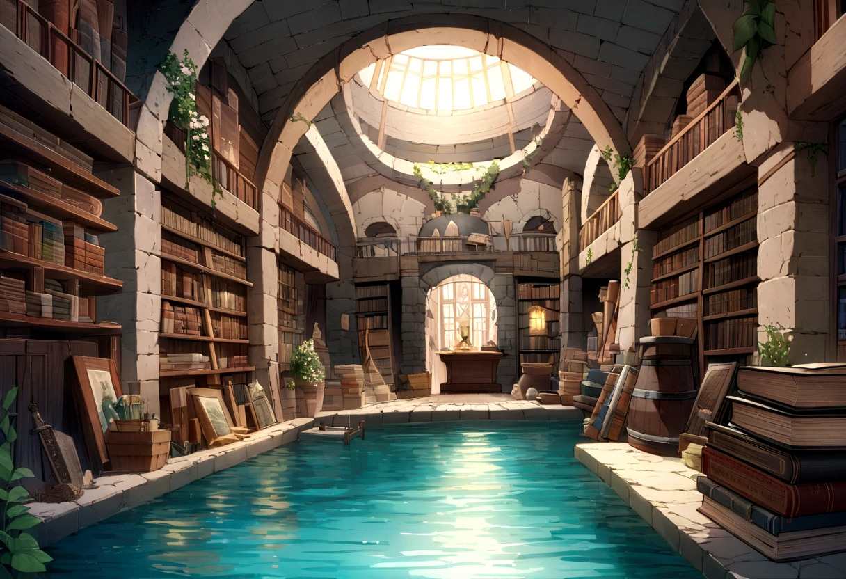 ((((masterpiece, Highest quality, High resolution)))),High detail, manga,anime,Illustration Style,Use of bright colors,Ghibli Studio,Similar to the colors used in daytime scenes, Medieval European fantasy world, Extremely detailed 8K, High detail, A labyrinthine library,maze,Remains,古いRemains,Flowers are blooming profusely,Remainsと花,Flowers, Game Sword,Hero's Sword,Dirty Sword,Bookshelf, In the store々There are many products lined up,Lying Sword,Luxurious sword, Magic book, Old books, And postcards, Both indoor and outdoor displays. The arches and walls are made of rustic stone, Gives a quaint and attractive look. The store is transparent, Smooth turquoise water surface, Colorful rocks visible beneath the surface. The sky is bright blue、Fluffy white clouds floating, And the sun is shining brightly, Create a magical and cozy atmosphere.