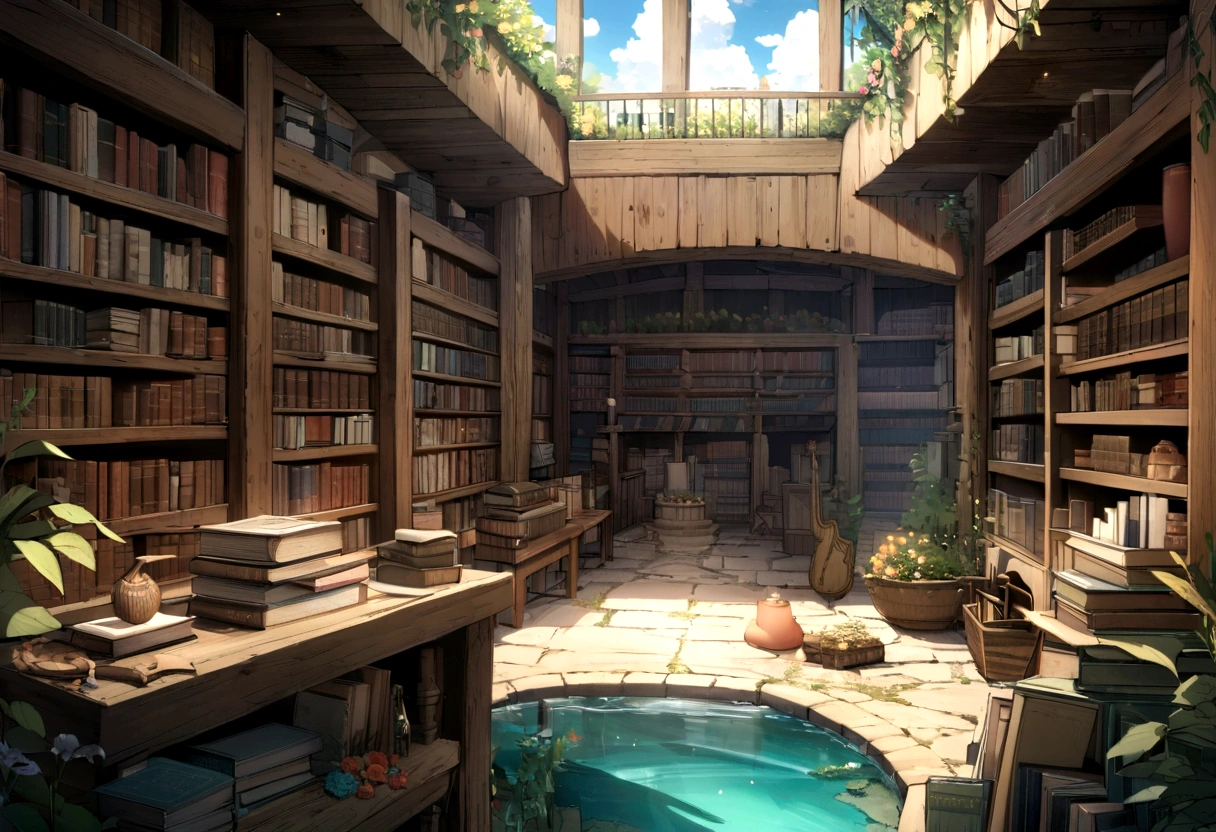 ((((masterpiece, Highest quality, High resolution)))),High detail, manga，anime，Illustration Style，Use of bright colors，Ghibli Studio，Similar to the colors used in daytime scenes, Medieval European fantasy world, Extremely detailed 8K, High detail, A labyrinthine library,maze,Remains,古いRemains,Flowers are blooming profusely,Remainsと花,Flowers, Game Sword,Hero&#39;s Sword,Dirty Sword,Bookshelf, In the store々There are many products lined up,Lying Sword,Luxurious sword, Magic book, Old books, And postcards, Both indoor and outdoor displays. The arches and walls are made of rustic stone, Gives a quaint and attractive look. The store is transparent, Smooth turquoise water surface, Colorful rocks visible beneath the surface. The sky is bright blue、Fluffy white clouds floating, And the sun is shining brightly, Create a magical and cozy atmosphere.