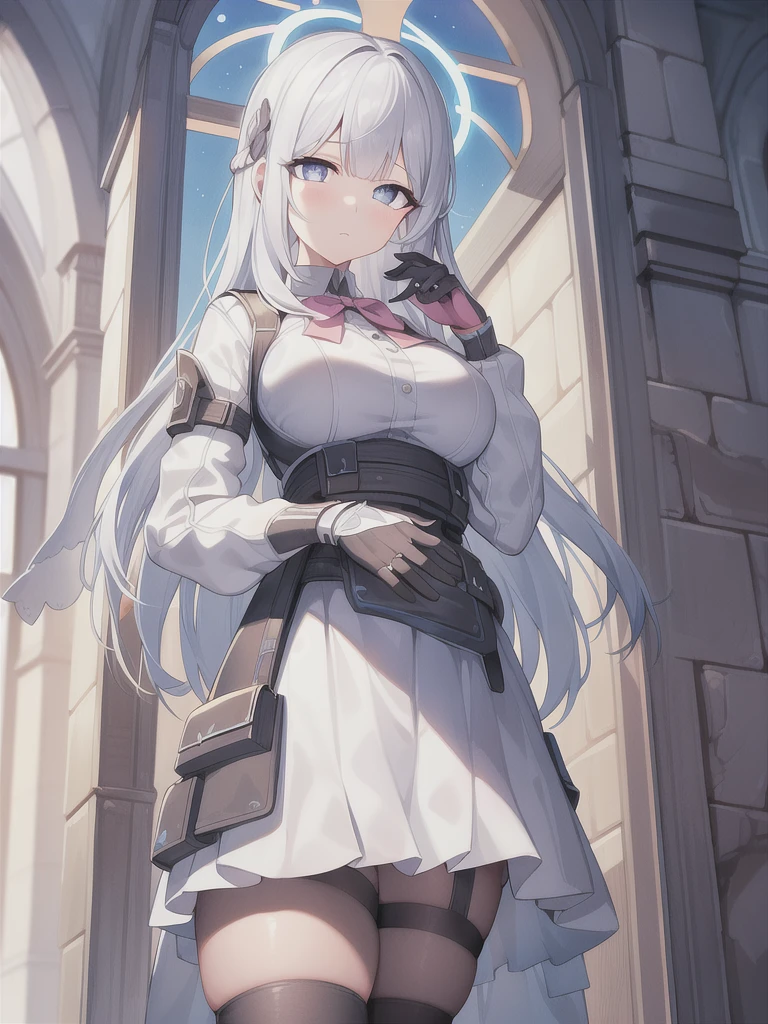 A girl，long hair, Bangs, White hair, Hair between the eyes, Purple Eyes:（1.5),  (Large Breasts:1.2), 
rest  锁骨, Wedding dress，veil，wedding，White dress，Flowers，Broken skirt，White socks，Tights，White knee socks，
looking at viewer, whole body,
indoors, church，Standing，Standing，
rest (masterpiece:1.2), best quality, high resolution, Unity 8k Wallpaper, (illustration:0.8), (Beautiful and delicate eyes:1.6), Extremely detailed face, Perfect lighting, Extremely detailed CG, (Perfect hands, Perfect anatomical structure),