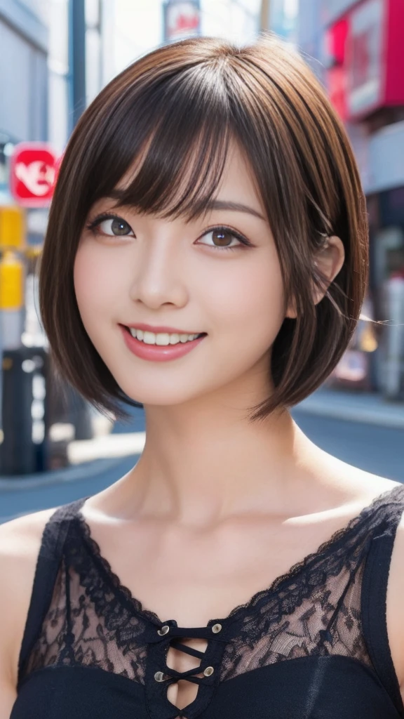 short hair,Part-time job at a bar,((Wearing laced negurije:2.0)),20 year-old,(1 Ultra cute Japan girl:1.5),(Detailed face,ultra detailed eyes, incredible Beautiful eyes,symmetry dropped  eyes:2.0),(Natural Makeup,big smile,open mouth:2.0)best quality, 4k, 8k, highres, masterpiece, ultra-detailed, realistic, photorealistic, photo-realistic, HDR, UHD, studio lighting, ultra-fine painting, sharp focus, physically-based rendering, extreme detail description, professional, vivid colors, bokeh