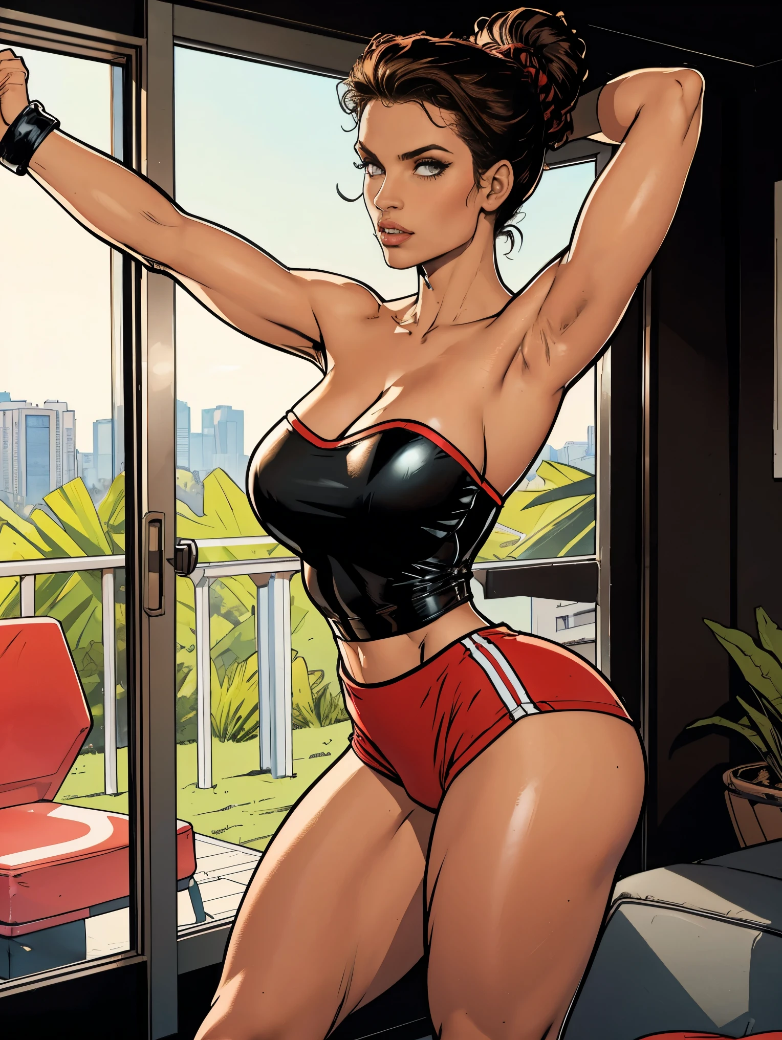 Extremely busty thin and toned brunette, gym girl, fair skin, loose updo, soft face, athletic, strapless bright red tube top, tiny black spandex shorts.  standing by a sliding glass door, gym, windows, stretching.  Gigantic boobs.