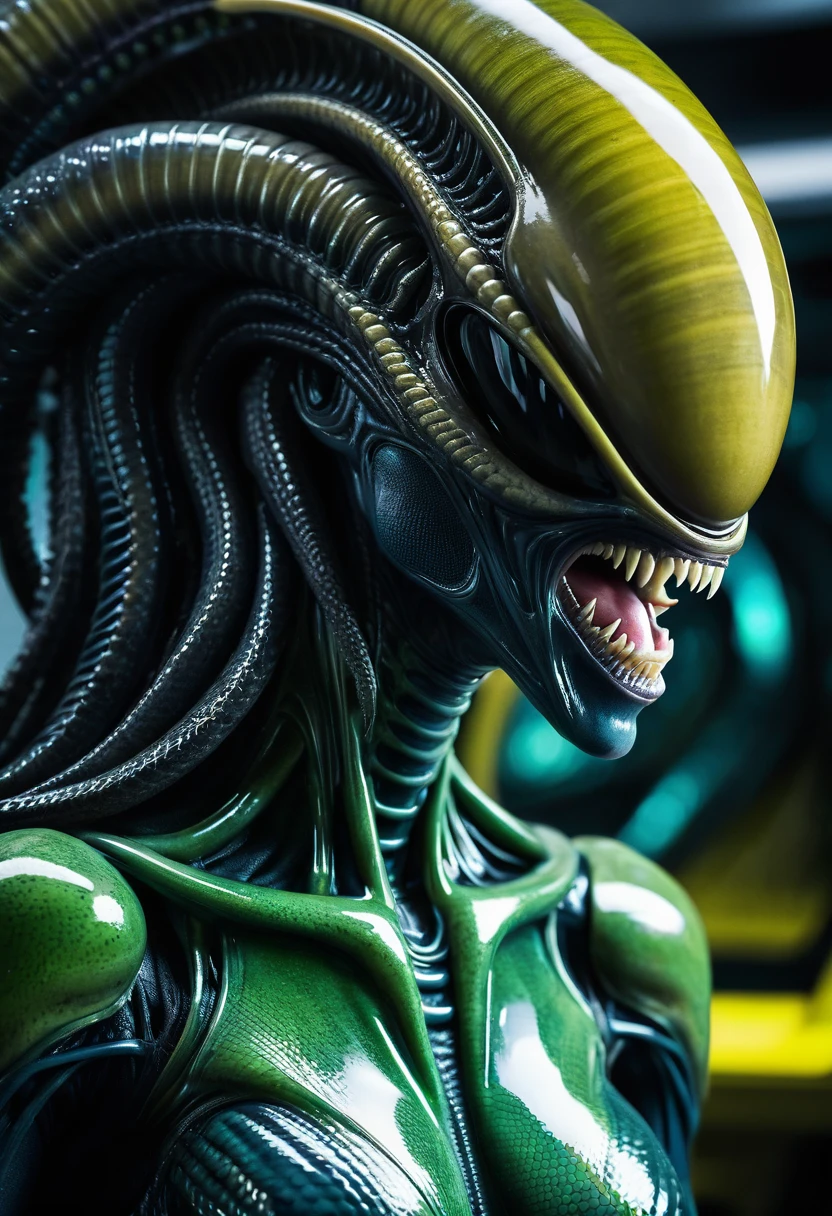 (((Extreme close-up Xenomorph Alien the eighth passenger fusion Medusa snakes like hair Greek mythology surreal and cinematographic images Color Splash images)),(((Front Images)))