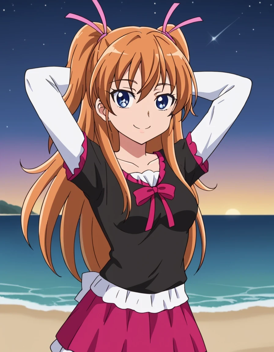 hojo hibiki, orange hair, long hair, two side up, hair ribbon, pink ribbon, blue eyes, black shirt, frilled shirt, white t-shirt, long sleeves, pink skirt, layered skirt, black leggings, 1girl, solo, looking at viewer, smile, solo, contrapposto, spread armpit, arms behind head, smile, looking at viewer, (cowboy shot:1.5), closed mouth, night sky, beach, high quality, looking at viewer, suggestive smile, best quality,