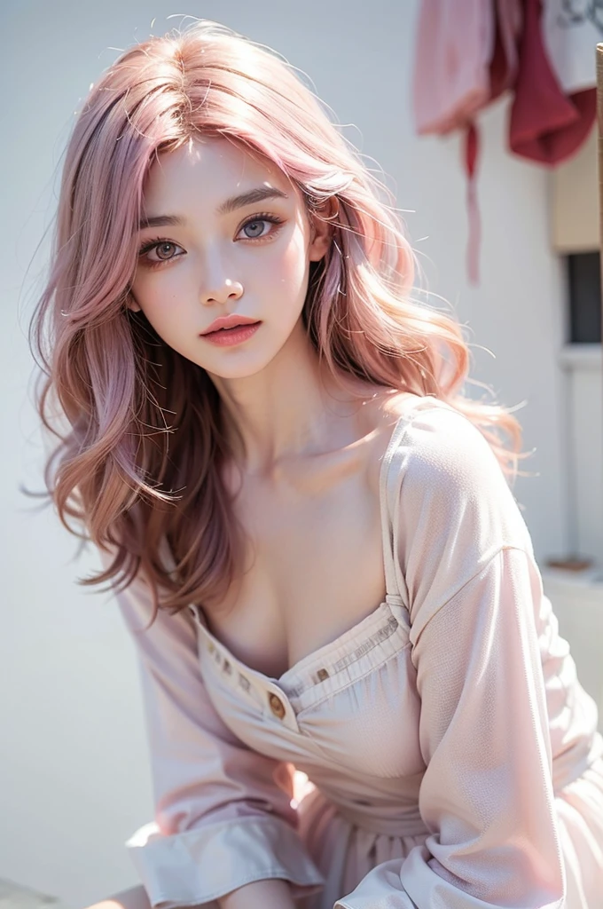 Light pink hair, Pink Eyes, Pink and white, Vibrant colors, White Dress, Paint splashes, Simple Background, Ray Tracing, Wavy Hair