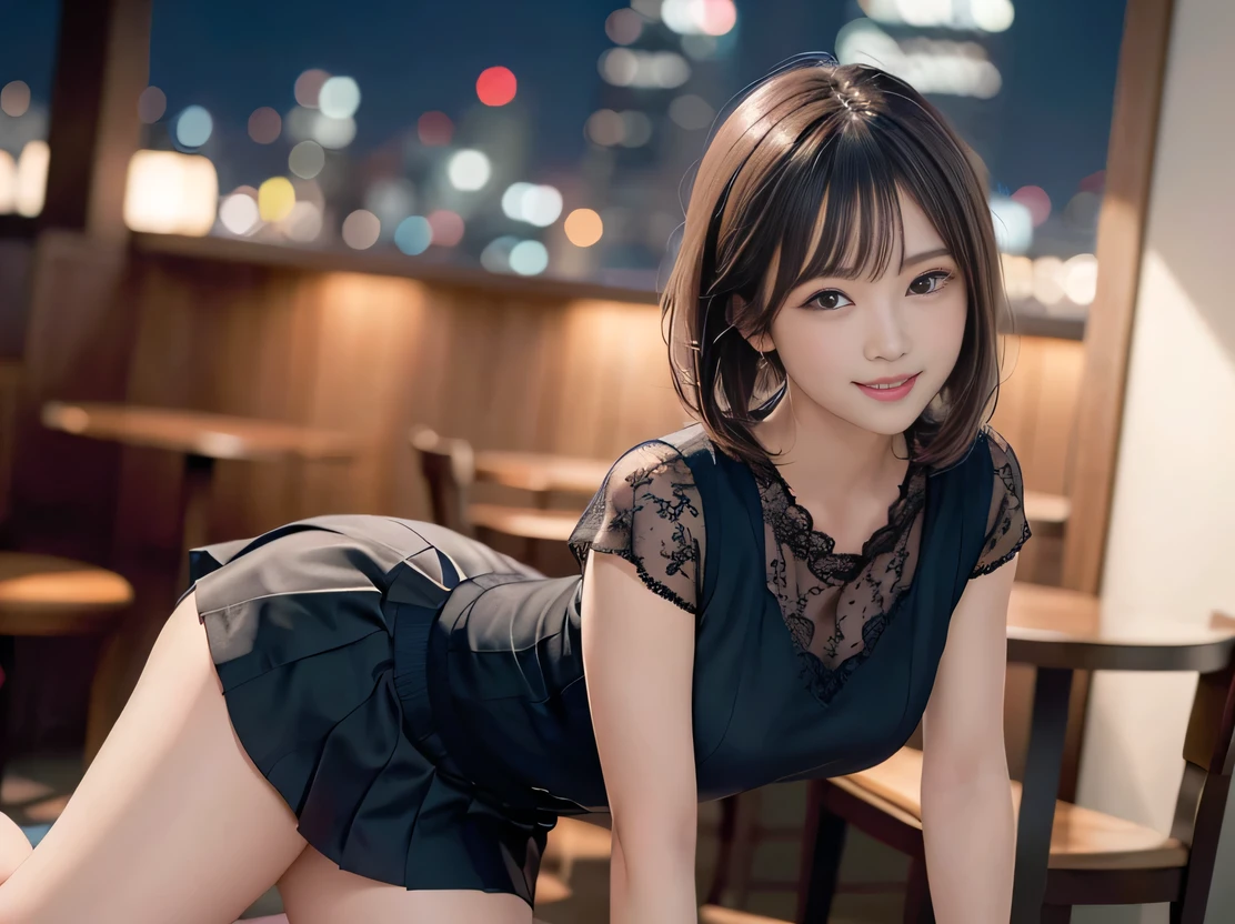 (Highest quality, masterpiece, Ultra-high resolution, 8K, RAW Photos, Realistic, Anatomically correct:1.5), 20-year-old girl:1.2, Embarrassing, avert your eyes, blush:1.0, View Viewer, ((bar)) 、Night view、 Light:1.2, Bokeh, Cinema Lighting:1.0, Depth of written boundary, sharp、 Cute face、Idol、Black short sleeve lace top、Black pleated skirt、Black clothing、”dwarf”、(Floral clothes)、Full Body Shot、Side angle、Cowboy Shot、 smile、(Ultra short hair、Short ponytail)、(Straight bangs)、((See-through))、(( One Girl))、