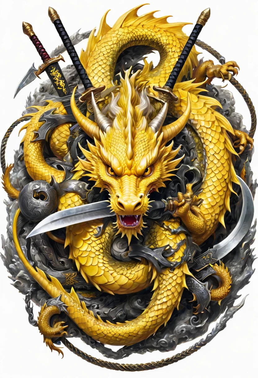 A yellow Asian dragon is curled in a circle surrounded by many swords