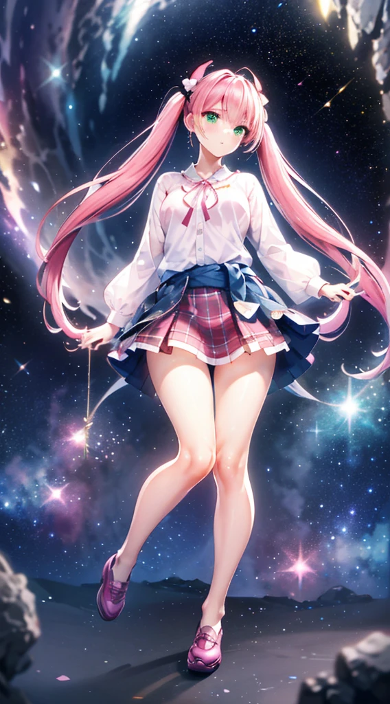 High detail, Super detailed, Ultra-high resolution, A girl having fun in a dreamlike galaxy, Surrounded by stars, The warm light that shines on her, Starry background with colorful galaxies and galactic clouds, The stars fly around her, Add a playful touch ,(((Pink long hair)))、(((Half Twin Tail)))、solo、Green Eyes、skirt、(((long back hair)))、shirt、shoes下、(Blue waistband)、白いshirt、((格子縞のskirt))、(Plaid)、sleevesa rolled up、chest、襟付きshirt、ribbon、Knee-high、bangs、shoes、(茶色のskirt)、赤いribbon、(茶色のプリーツskirt)、Mouth closed、ネックribbon、Medium breast 、Beautiful female fingers、Accurate Fingers、