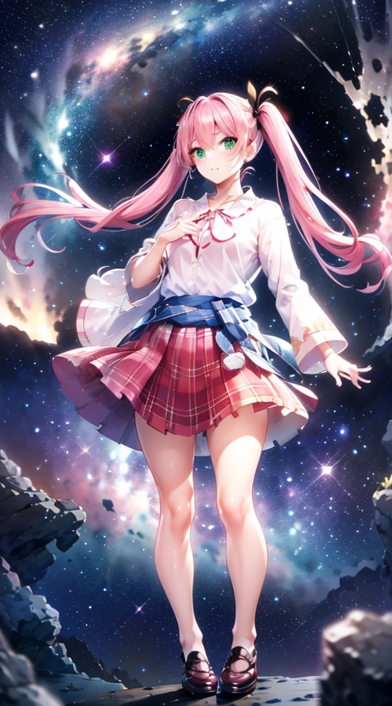 High detail, Super detailed, Ultra-high resolution, A girl having fun in a dreamlike galaxy, Surrounded by stars, The warm light that shines on her, Starry background with colorful galaxies and galactic clouds, The stars fly around her, Add a playful touch ,(((Pink long hair)))、(((Half Twin Tail)))、solo、Green Eyes、skirt、(((long back hair)))、shirt、shoes下、(Blue waistband)、白いshirt、((格子縞のskirt))、(Plaid)、sleevesa rolled up、chest、襟付きshirt、ribbon、Knee-high、bangs、shoes、(茶色のskirt)、赤いribbon、(茶色のプリーツskirt)、Mouth closed、ネックribbon、Medium breast 、Beautiful female fingers、Accurate Fingers、