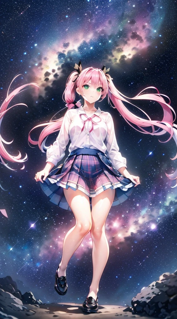 High detail, Super detailed, Ultra-high resolution, A girl having fun in a dreamlike galaxy, Surrounded by stars, The warm light that shines on her, Starry background with colorful galaxies and galactic clouds, The stars fly around her, Add a playful touch ,(((Pink long hair)))、(((Half Twin Tail)))、solo、Green Eyes、skirt、(((long back hair)))、shirt、shoes下、(Blue waistband)、白いshirt、((格子縞のskirt))、(Plaid)、sleevesa rolled up、chest、襟付きshirt、ribbon、Knee-high、bangs、shoes、(茶色のskirt)、赤いribbon、(茶色のプリーツskirt)、Mouth closed、ネックribbon、Medium breast 、Beautiful female fingers、Accurate Fingers、