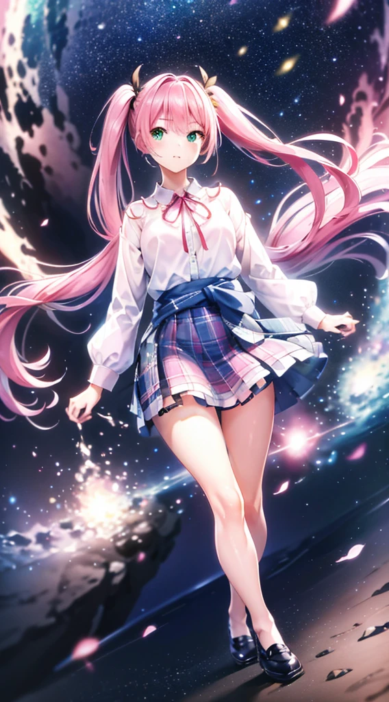 High detail, Super detailed, Ultra-high resolution, A girl having fun in a dreamlike galaxy, Surrounded by stars, The warm light that shines on her, Starry background with colorful galaxies and galactic clouds, The stars fly around her, Add a playful touch ,(((Pink long hair)))、(((Half Twin Tail)))、solo、Green Eyes、skirt、(((long back hair)))、shirt、shoes下、(Blue waistband)、白いshirt、((格子縞のskirt))、(Plaid)、sleevesa rolled up、chest、襟付きshirt、ribbon、Knee-high、bangs、shoes、(茶色のskirt)、赤いribbon、(茶色のプリーツskirt)、Mouth closed、ネックribbon、Medium breast 、Beautiful female fingers、Accurate Fingers、