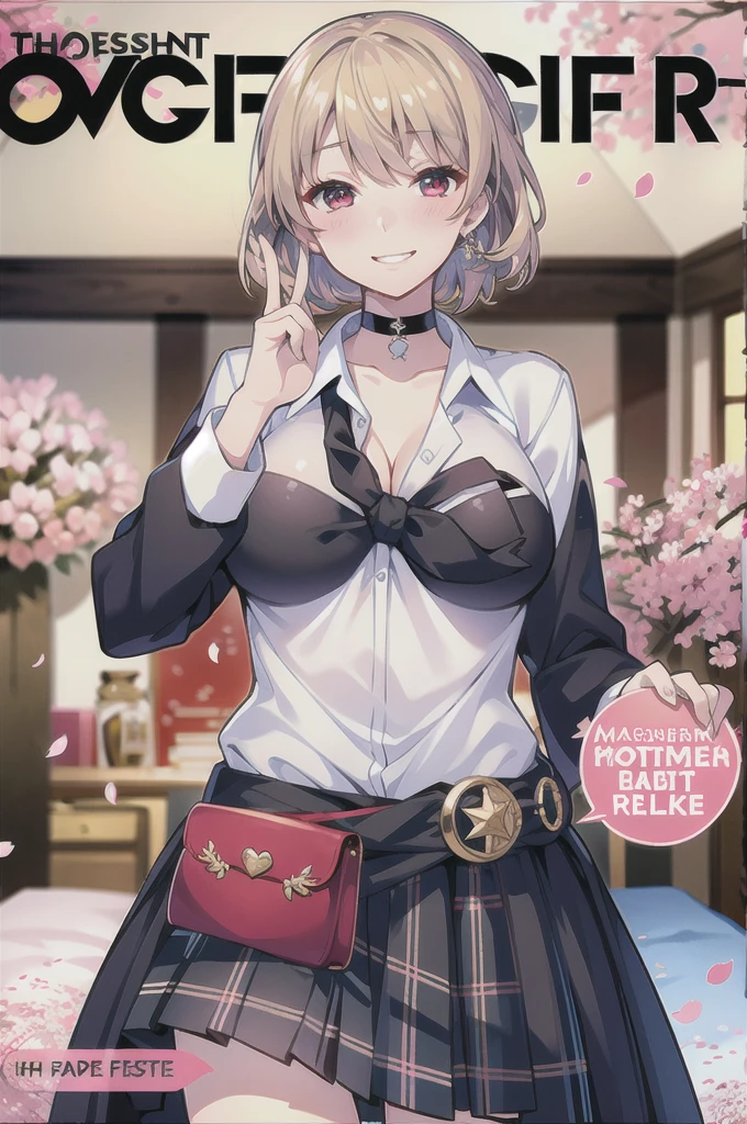 masterpiece, best quality,  full body,
1girl, bangs, black choker, black necktie, blonde hair, blue skirt, blush, bracelet, breasts, choker, clothes around waist, collarbone, collared shirt, cowboy shot, dress shirt, ear piercing, eyebrows visible through hair, gradient hair, grin, gyaru, jewelry, kogal, long hair, looking at viewer, loose necktie, necktie, piercing, plaid, plaid skirt, pleated skirt, red eyes, ring, school uniform, shirt, skirt, smile, solo, white shirt,
street, sky, cherry blossoms, petals,illustration, (magazine:1.3), (cover-style:1.3), fashionable, woman, vibrant, outfit, posing, front, colorful, dynamic, background,  elements, confident, expression, holding, statement, accessory, majestic, coiled, around, touch, scene, text, cover, bold, attention-grabbing, title, stylish, font, catchy, headline, larger, striking, modern, trendy, focus, fashion,
