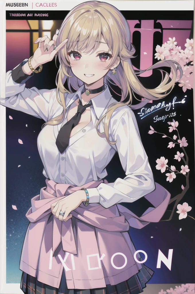 masterpiece, best quality, full body,
1girl, bangs, black choker, black necktie, blonde hair, blue skirt, blush, bracelet, breasts, choker, clothes around waist, collarbone, collared shirt, cowboy shot, dress shirt, ear piercing, eyebrows visible through hair, gradient hair, grin, gyaru, jewelry, kogal, long hair, looking at viewer, loose necktie, necktie, piercing, plaid, plaid skirt, pleated skirt, red eyes, ring, school uniform, shirt, skirt, smile, solo, white shirt,
street, sky, cherry blossoms, petals,illustration, (magazine:1.3), (cover-style:1.3), fashionable, woman, vibrant, outfit, posing, front, colorful, dynamic, background, elements, confident, expression, holding, statement, accessory, majestic, coiled, around, touch, scene, text, cover, bold, attention-grabbing, title, stylish, font, catchy, headline, larger, striking, modern, trendy, focus, fashion,