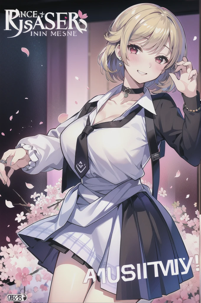 masterpiece, best quality, full body,
1girl, bangs, black choker, black necktie, blonde hair, blue skirt, blush, bracelet, breasts, choker, clothes around waist, collarbone, collared shirt, cowboy shot, dress shirt, ear piercing, eyebrows visible through hair, gradient hair, grin, gyaru, jewelry, kogal, long hair, looking at viewer, loose necktie, necktie, piercing, plaid, plaid skirt, pleated skirt, red eyes, ring, school uniform, shirt, skirt, smile, solo, white shirt,
street, sky, cherry blossoms, petals,illustration, (magazine:1.3), (cover-style:1.3), fashionable, woman, vibrant, outfit, posing, front, colorful, dynamic, background, elements, confident, expression, holding, statement, accessory, majestic, coiled, around, touch, scene, text, cover, bold, attention-grabbing, title, stylish, font, catchy, headline, larger, striking, modern, trendy, focus, fashion,