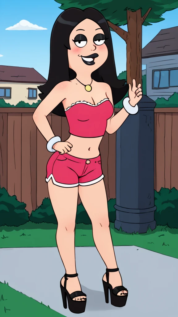 francine, flat color, black hair, 1girl, long hair, white braclet, small breasts, solo, necklace, cleavage, tight strapless pink crop-top, pink short shorts, black lips, nsfw, standing, looking at viewer, outdoors, full-body, smile, blushing, open-toe platform high heels, black eyeliner