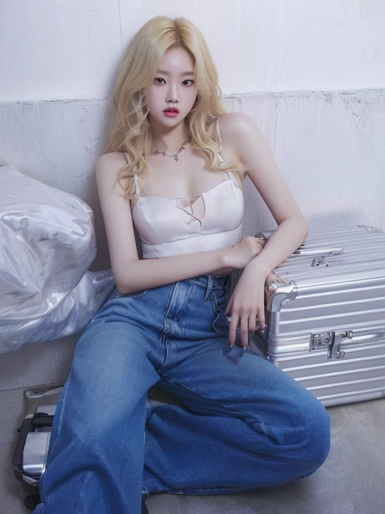 blonde woman sitting on the floor with a suitcase on her lap, roseanne park by blackpink, jia, jinyoung shin, pale skin curly blonde hair, sun yunjoo, official artwork, heonhwa choe, glass, rena noun style 3/4, baggy Cowboys, pale and light skin!!, ad image, kim taejin, jaeyeon nam, Cowboys