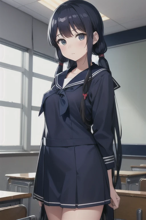 (best quality, masterpiece, high-resolution, detail), a girl, 15yo, (low twintails:1.2), low pigtails, black hair, long hair, (Navy-blue sailor suit:1.4), long sleeves, skirt, (Vivid-Blue ribbon on chest), classroom, evening, from front, anime