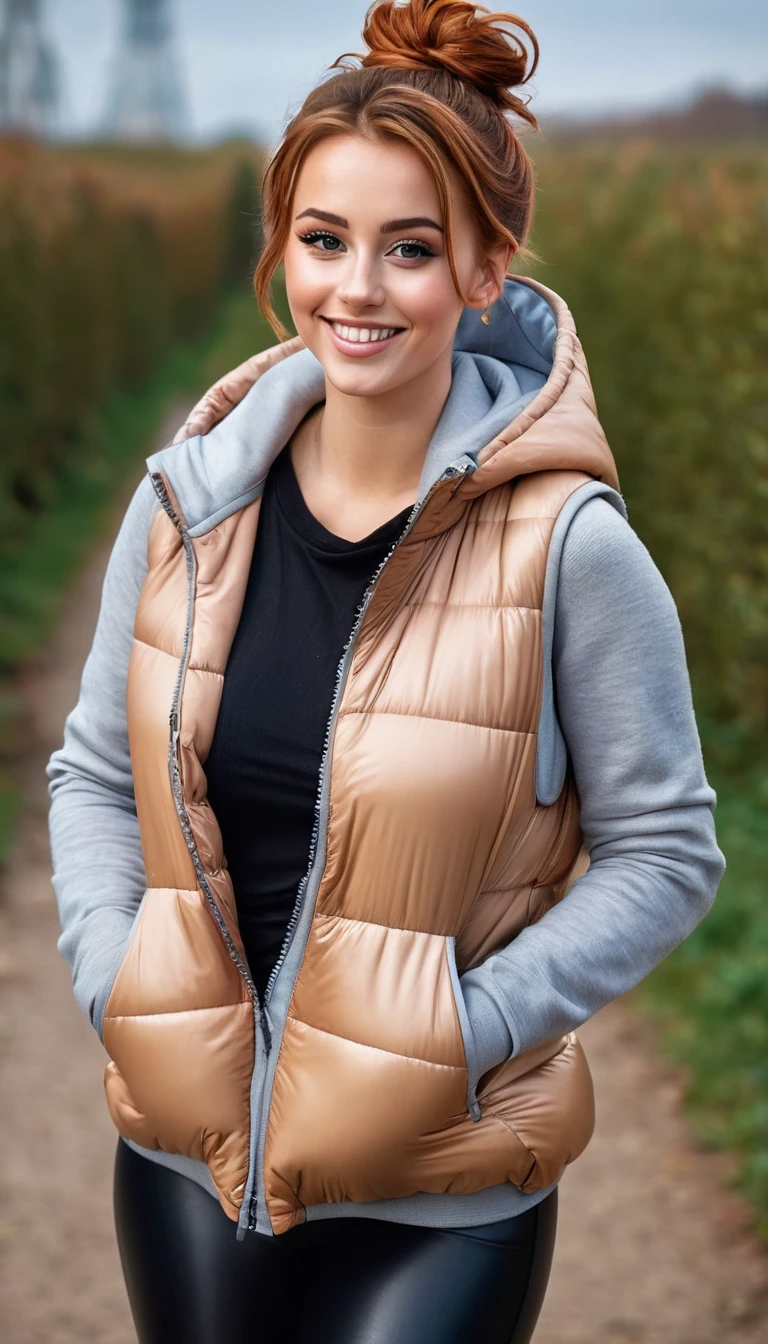 ultrarealistic high quality full body photo of a beautiful busty slim european 25-year-old woman with cute hyperdetailed shy face and natural redhead messy bun hair and shy smile , realistic round hazel eyes, natural lips, dark eye makeup with eyeliner, wearing casual hoodie with shiny puffer vest and latex leggins, hourglass body, outdoor photography, tanned