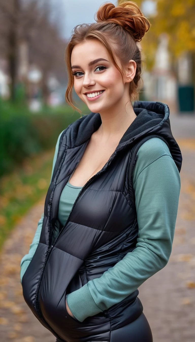 ultrarealistic high quality full body photo of a beautiful busty slim european 25-year-old woman with cute hyperdetailed shy face and natural redhead messy bun hair and shy smile , realistic round hazel eyes, natural lips, dark eye makeup with eyeliner, wearing casual hoodie with shiny puffer vest and latex leggins, hourglass body, outdoor photography, tanned