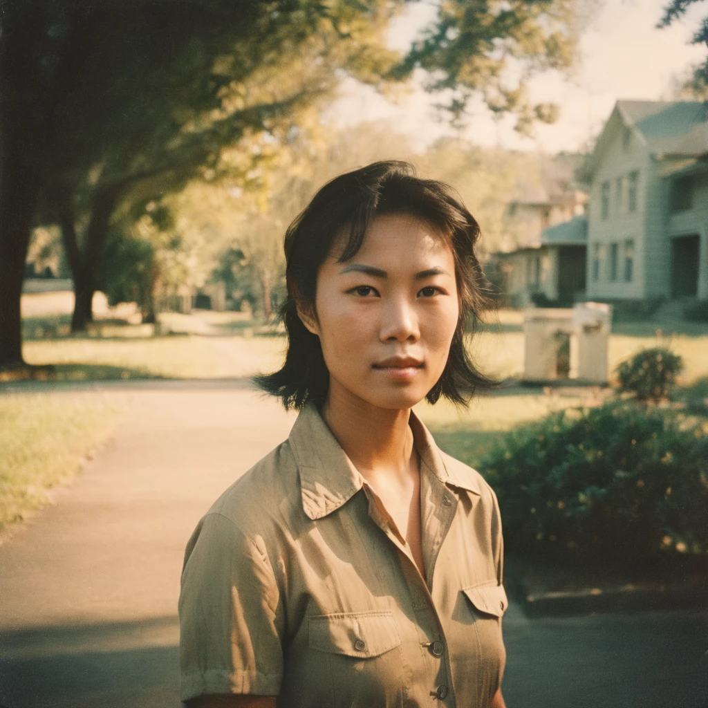 Vintage Photograph, young asian Woman Portrait, Analog Film, Wearing Time-worn Clothes, 1970s, Soft Lighting, Wrinkled Skin Texture, Simple Background, Rule of Thirds Composition, Visible Grain, Shallow Focus, Amelia Earhart
,analog, AnalogRedmAF,
