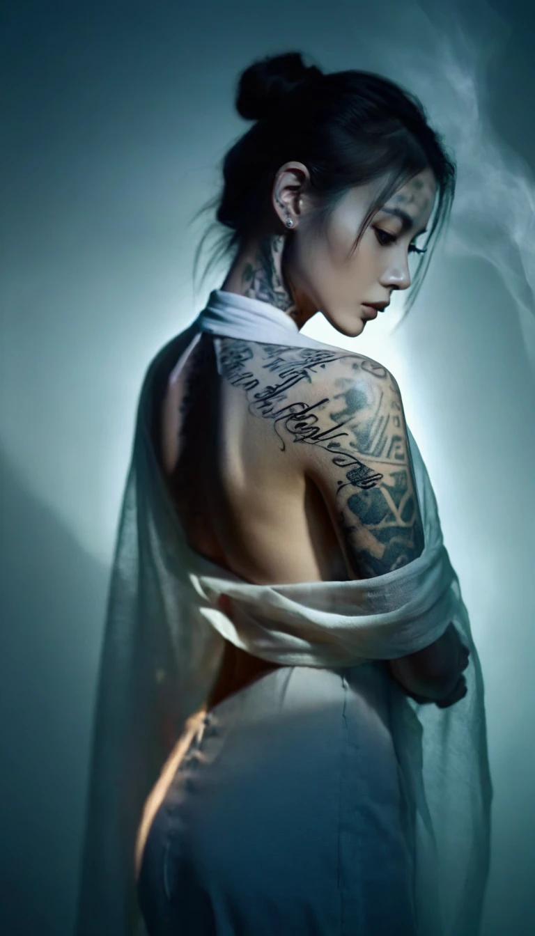 Double Exposure Style,Volumetric Lighting,a girl (Supermodel) with Wrap top,arching her back,tattoo, Traditional Attire,Artistic Calligraphy and Ink,light depth,dramatic atmospheric lighting,Volumetric Lighting,double image ghost effect,image combination,double exposure style,
