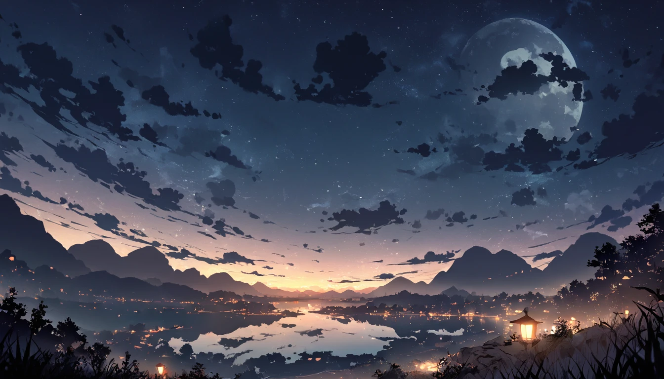 1 male, night, night景, landscape, moon