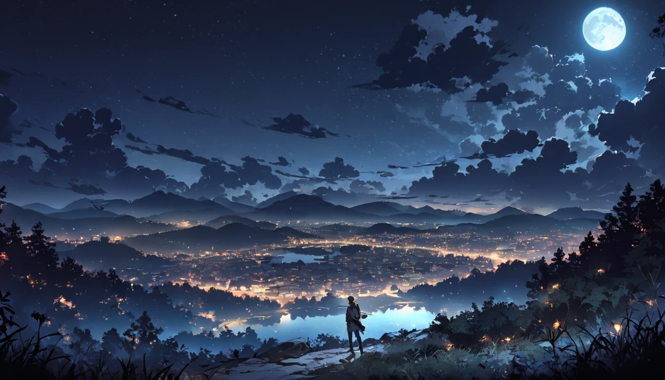 1 male, night, night景, landscape, moon