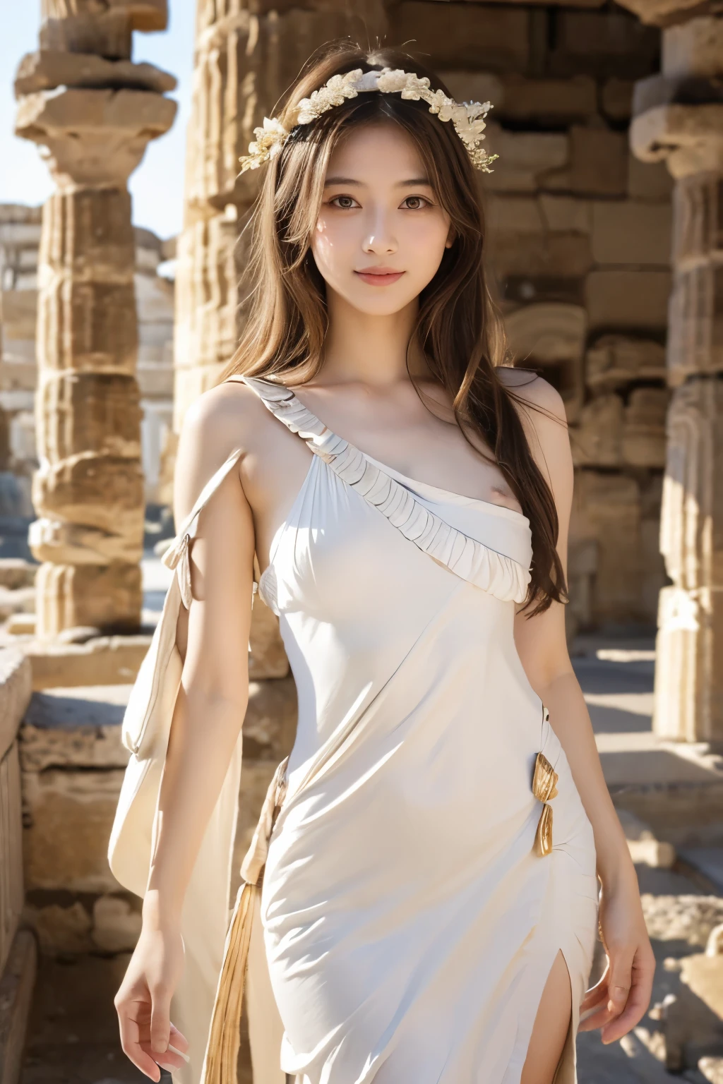Greek Dressed in the Statue of Liberty costume、 Japanese girl , 16 year old ,(middle hair, brown hair, fringe, little smiling),(middle breasts, slender whist, middle hip, public hair) ,(White Dressed in ancient Greek clothing, lonic chiton, Doric chiton:1.5) , standing, front view, down sun lighting (masterpiece, highest quality, Very detailed, Ultra-high resolution, (photopractical:1.4), Original photo, (practical:0.2), 8K )