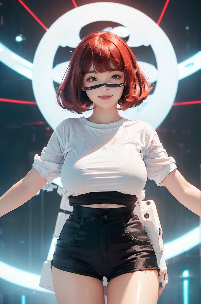 (micro cute white girl:1.5),(Fictional future high technology civilization:1.4),(big beautiful boobs:1.4) ,(shiny skin:1.4),(messy short glossy red hair:1.3),(bangs:1.1)
(smile :1.2),(beautiful body:1.5),(black velvet shorts :1.3),(plain big white cotton T-shirt:1.5),