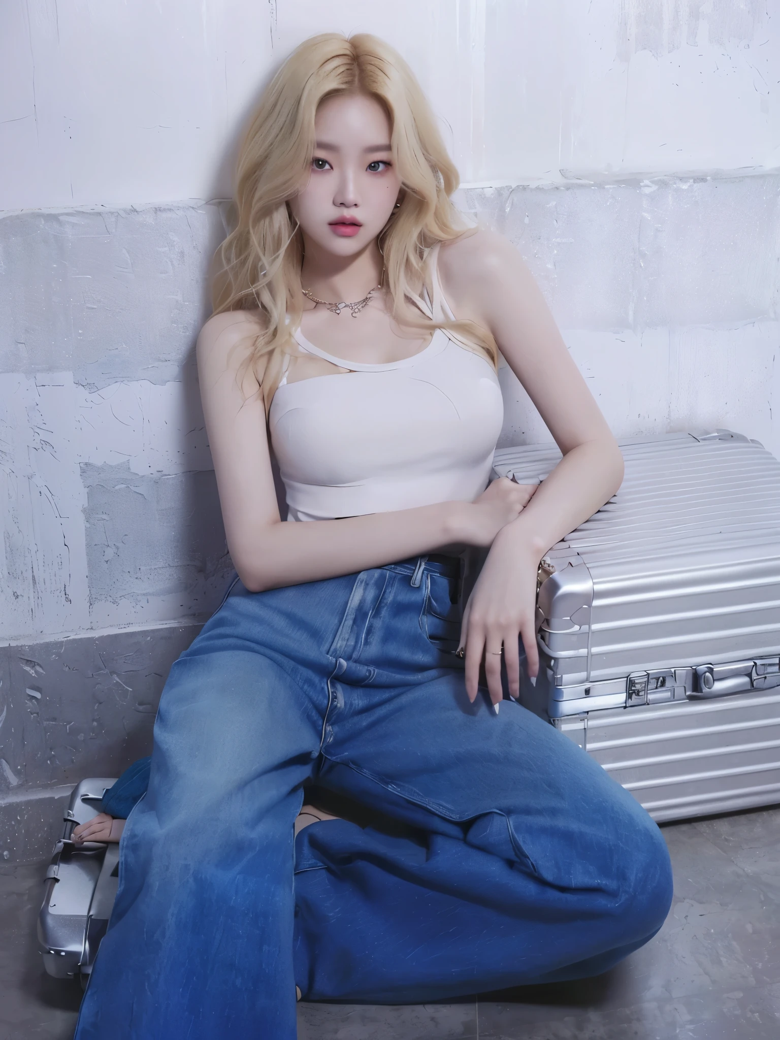 blonde woman sitting on the floor with a suitcase on her lap, roseanne park by blackpink, jia, jinyoung shin, pale skin curly blonde hair, sun yunjoo, official artwork, heonhwa choe, glass, rena noun style 3/4, baggy Cowboys, pale and light skin!!, ad image, kim taejin, jaeyeon nam, Cowboys