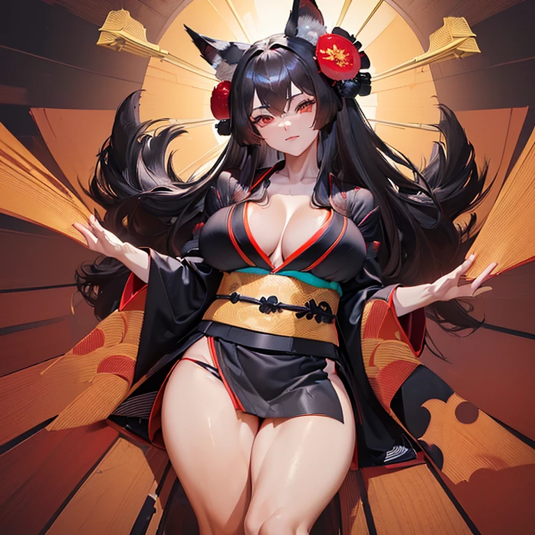 (Fox Girl, Fox Ears, Black colored hair, Fox Makeup, One Girl, Long Hair:1.2), (kimono, Kimono with open chest, A beautiful kimono with red and black patterns, I can see her cleavage, Open chest, Exposed skin:1.8), (Body size is 100-70-90!, Nice body, Big Breasts, Soft breasts, Emphasize cleavage, Thighs are slightly visible, Muscular, Abdominal muscles, Grab your own chest:1.4), Avatar, face, lewd face, Dominant representation, naughty face, Uplifting, Skin Texture, outside, Grassy field