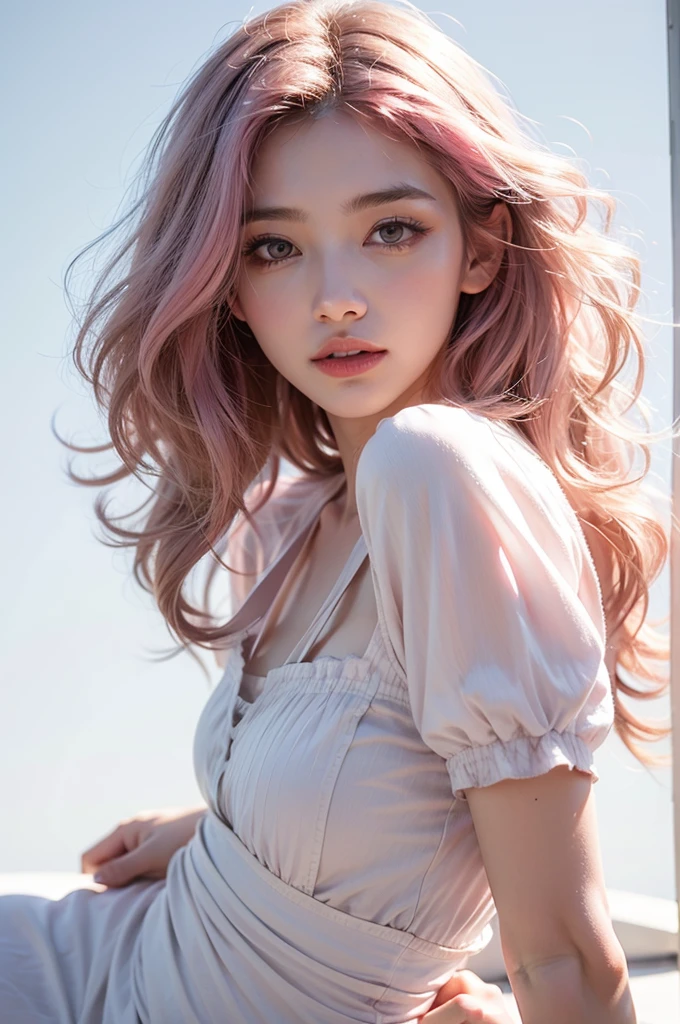 Light pink hair, Pink Eyes, Pink and white, Vibrant colors, White Dress, Paint splashes, Simple Background, Ray Tracing, Wavy Hair