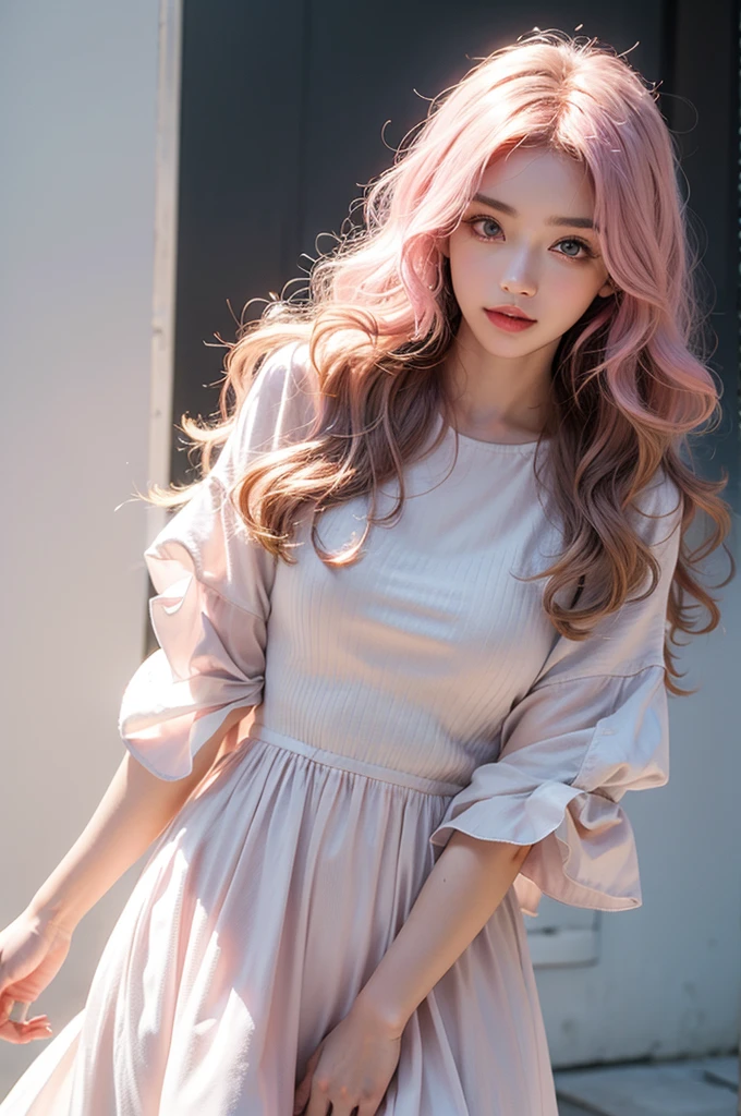 Light pink hair, Pink Eyes, Pink and white, Vibrant colors, White Dress, Paint splashes, Simple Background, Ray Tracing, Wavy Hair