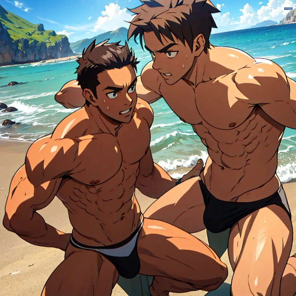 men, muscular young man in string thong, large lump, big chest, trasero grande, en la playa