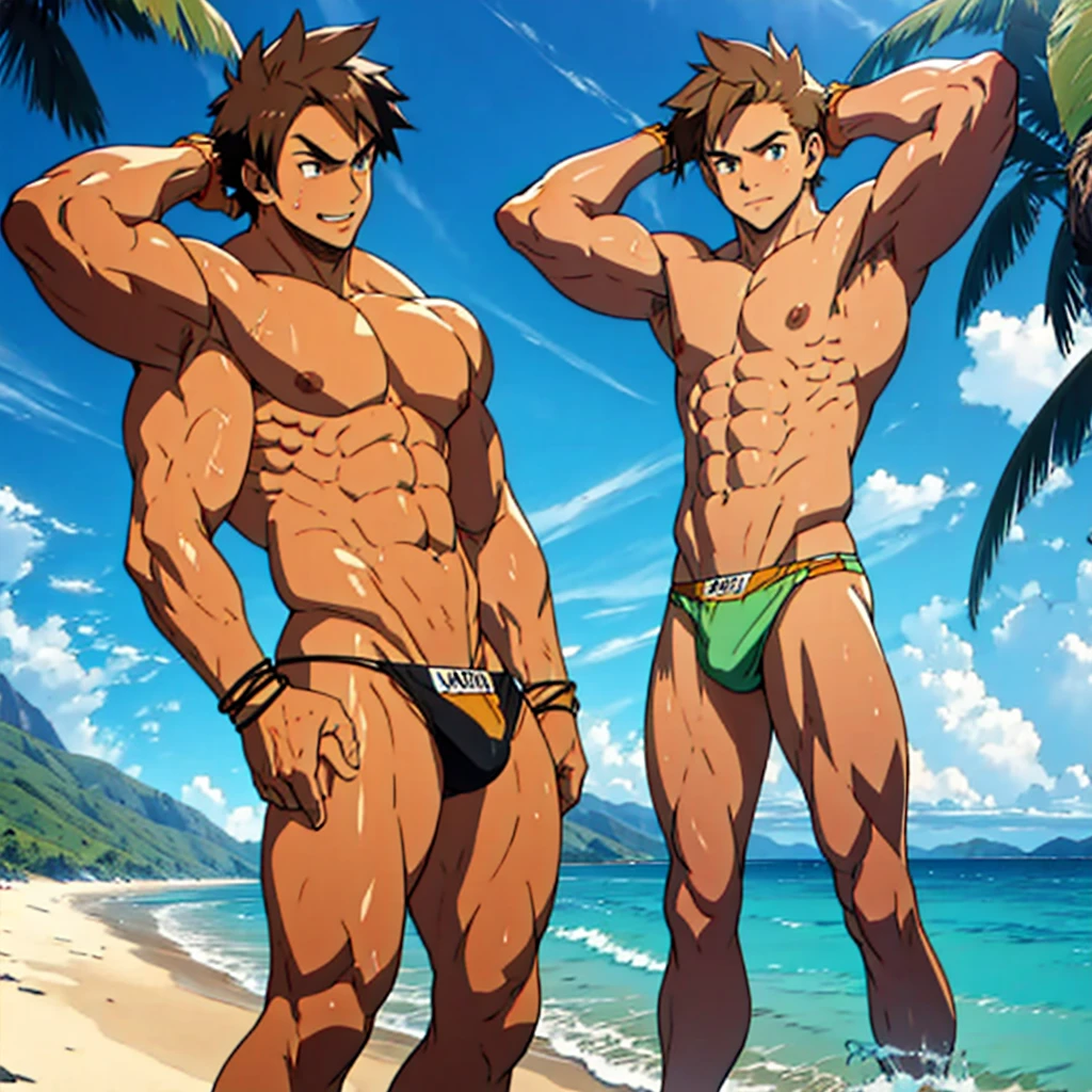 men, muscular young man in string thong, large lump, big chest, trasero grande, en la playa