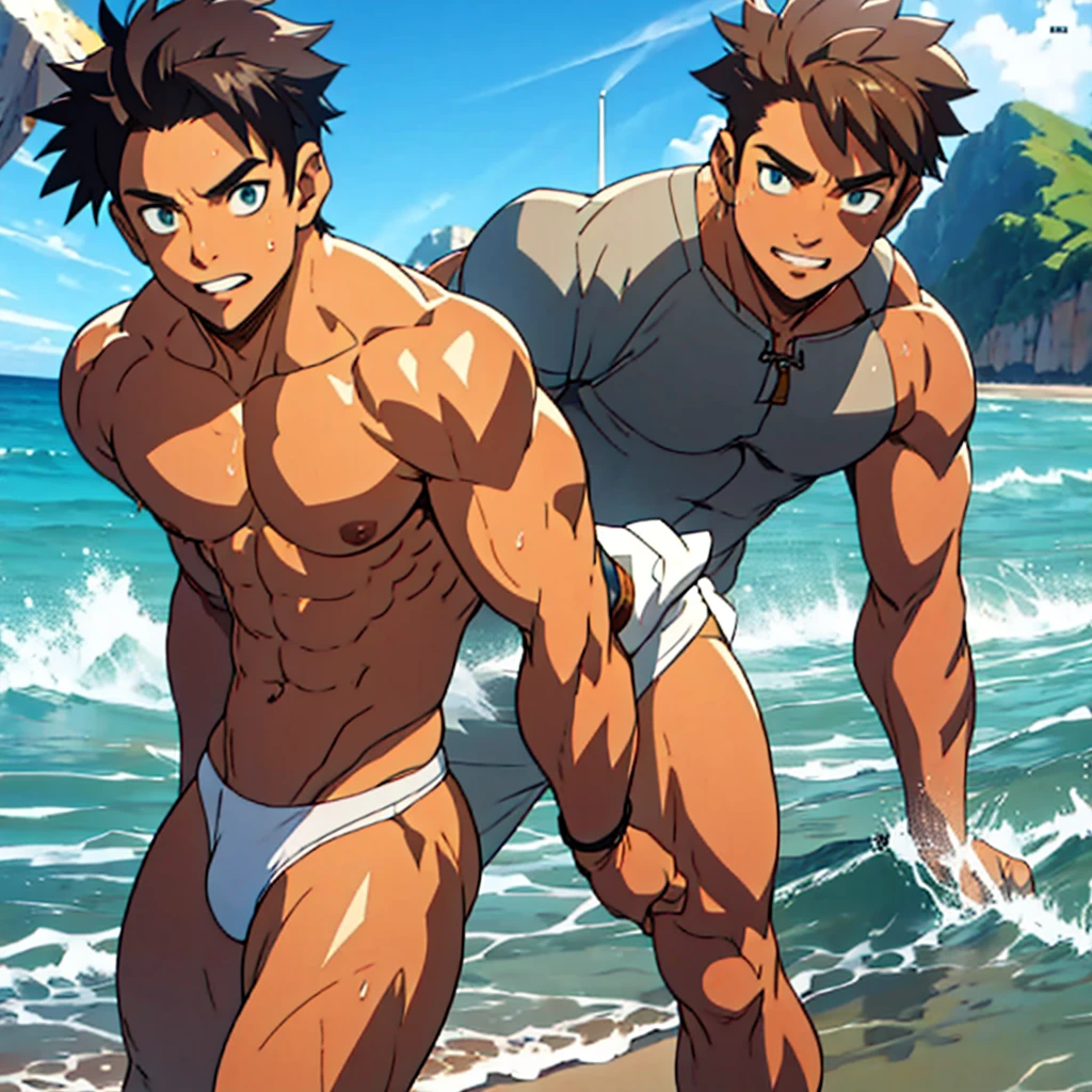 men, muscular young man in string thong, large lump, big chest, trasero grande, en la playa