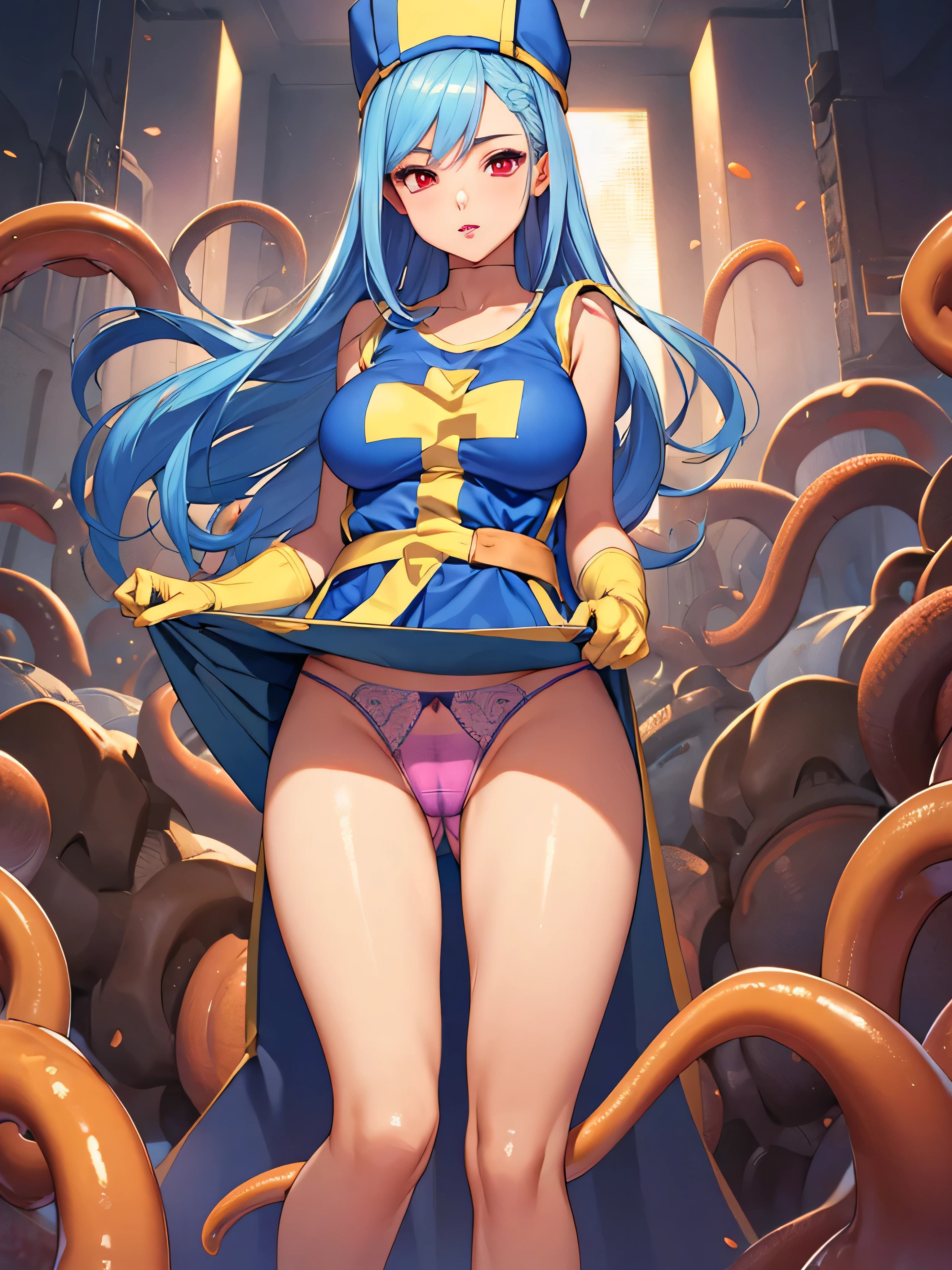 masterpiece,Highest quality, Unreal Engine, Super Resolution, Very detailed,
1 Girl, Waist, thin, (Muscular:0.8)
Round Breasts, Big Breasts, Bold,  Part your lips, Observe the audience,
Are standing, sexy pose
Waist shot,Tentacles entangled in chest,Spread your legs,
, Key Visual,
 Light blue hair, Red eyes, Long-haired monk \(dq3\)
,,Tabard Elbow Gloves((Spread your legs上げる:1.3)),(Cameltoe:1.5)、(See-through panties:1.2)