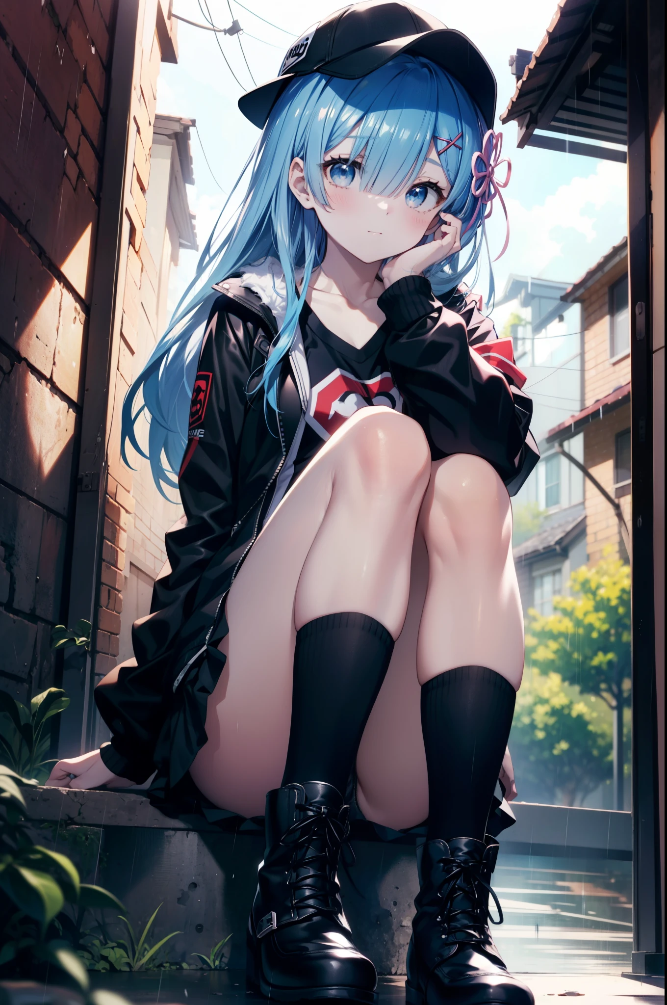 rezeroRem, Rem, blue eyes, Blue Hair, hair ornaments, Hair on one eye, hair ribbon, Long Hair, x hair ornaments,Baseball cap,Riders jacket Open front,red v neck t shirt,mini skirt,Black knee socks,short boots,Sitting leaning against a wall,rain,Cloudy,Hiding under a roof,whole bodyがイラストに入るように,
break outdoors, Alley,
break looking at viewer, whole body,
break (masterpiece:1.2), Highest quality, High resolution, unity 8k wallpaper, (figure:0.8), (Beautiful attention to detail:1.6), extRemely detailed face, Perfect lighting, extRemely detailed CG, (Perfect hands, Perfect Anatomy),